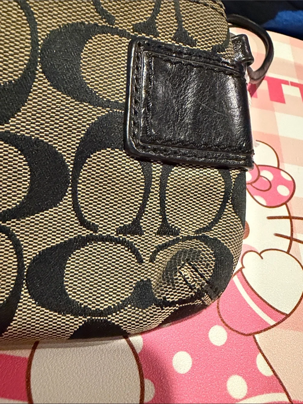 Coach Black & Tan Signature Canvas Wristlet with Buckle Accents
